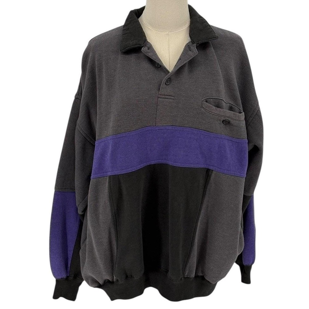 Willow Bay Polo Sweatshirt Grey‎ Black Purple Colorblock Fleece XL